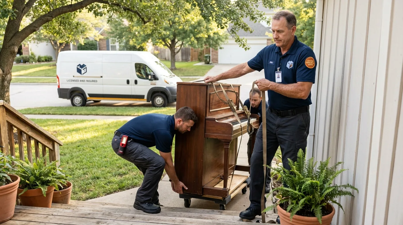 Licensed piano movers securing grand piano in Mokena, IL