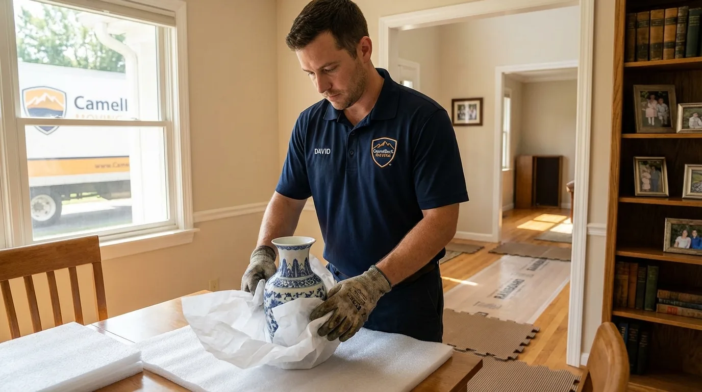 Professional crew carefully wrapping antique vase for senior downsizing move in Mokena, IL